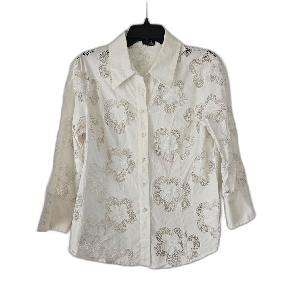 ETCETERA Cotton Blend 3/4 Sleeve Floral Eyelet Button Down Size 14